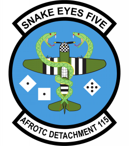 UConn Air Force Detachment 115's Patch Design, this features a plane with two snakes and three dice with the numbers '115'.